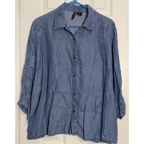 New Directions Curvy Blue Denim Look Button Up Long Sleeve Shirt, Lyocell, 1X - Picture 1 of 5